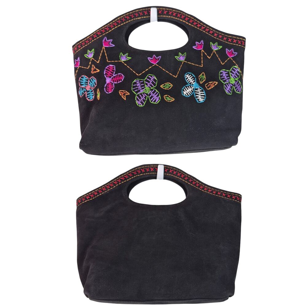J Renee Black Suede Leather Pink Green Blue Embroidered Floral Handbag Purse